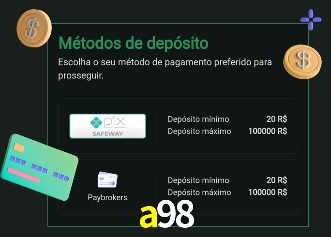O cassino a98 oferece uma grande variedade de métodos de pagamento